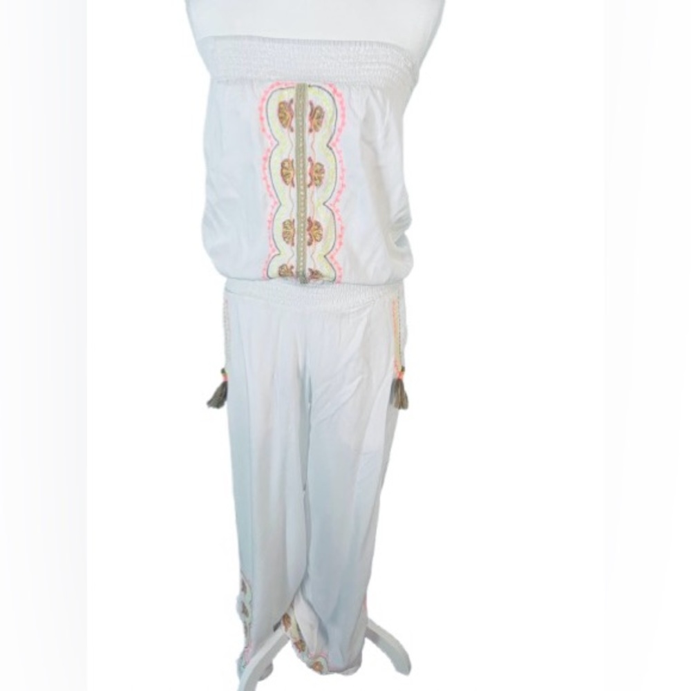 NWT Embroidered SKEMO Boho Strapless Jumpsuit Floral Beach Resort Large Bohemian